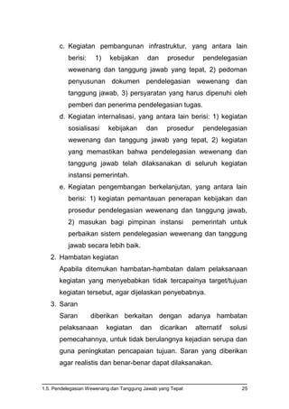 1.5. Pendelegasian Wewenang dan Tanggung Jawab yang Tepat 25
c. Kegiatan pembangunan infrastruktur, yang antara lain
berisi: 1) kebijakan dan prosedur pendelegasian
wewenang dan tanggung jawab yang tepat, 2) pedoman
penyusunan dokumen pendelegasian wewenang dan
tanggung jawab, 3) persyaratan yang harus dipenuhi oleh
pemberi dan penerima pendelegasian tugas.
d. Kegiatan internalisasi, yang antara lain berisi: 1) kegiatan
sosialisasi kebijakan dan prosedur pendelegasian
wewenang dan tanggung jawab yang tepat, 2) kegiatan
yang memastikan bahwa pendelegasian wewenang dan
tanggung jawab telah dilaksanakan di seluruh kegiatan
instansi pemerintah.
e. Kegiatan pengembangan berkelanjutan, yang antara lain
berisi: 1) kegiatan pemantauan penerapan kebijakan dan
prosedur pendelegasian wewenang dan tanggung jawab,
2) masukan bagi pimpinan instansi pemerintah untuk
perbaikan sistem pendelegasian wewenang dan tanggung
jawab secara lebih baik.
2. Hambatan kegiatan
Apabila ditemukan hambatan-hambatan dalam pelaksanaan
kegiatan yang menyebabkan tidak tercapainya target/tujuan
kegiatan tersebut, agar dijelaskan penyebabnya.
3. Saran
Saran diberikan berkaitan dengan adanya hambatan
pelaksanaan kegiatan dan dicarikan alternatif solusi
pemecahannya, untuk tidak berulangnya kejadian serupa dan
guna peningkatan pencapaian tujuan. Saran yang diberikan
agar realistis dan benar-benar dapat dilaksanakan.
 