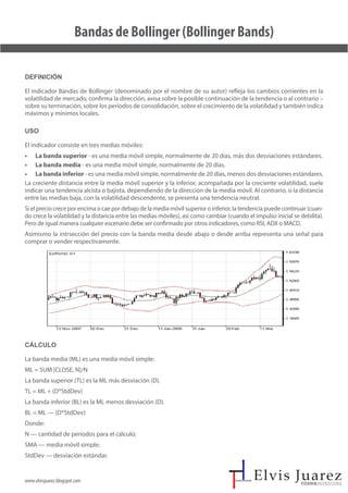 www.elvisjuarez.blogspot.com
Bandas de Bollinger (Bollinger Bands)
Definición
El indicador Bandas de Bollinger (denominado por el nombre de su autor) refleja los cambios corrientes en la
volatilidad de mercado, confirma la dirección, avisa sobre la posible continuación de la tendencia o al contrario –
sobre su terminación, sobre los períodos de consolidación, sobre el crecimiento de la volatilidad y también indica
máximos y mínimos locales.
Uso
El indicador consiste en tres medias móviles:
• La banda superior - es una media móvil simple, normalmente de 20 días, más dos desviaciones estándares.
• La banda media - es una media móvil simple, normalmente de 20 días.
• La banda inferior - es una media móvil simple, normalmente de 20 días, menos dos desviaciones estándares.
La creciente distancia entre la media móvil superior y la inferior, acompañada por la creciente volatilidad, suele
indicar una tendencia alcista o bajista, dependiendo de la dirección de la media móvil. Al contrario, si la distancia
entre las medias baja, con la volatilidad descendente, se presenta una tendencia neutral.
Si el precio crece por encima o cae por debajo de la media móvil superior o inferior, la tendencia puede continuar (cuan-
do crece la volatilidad y la distancia entre las medias móviles), así como cambiar (cuando el impulso inicial se debilita).
Pero de igual manera cualquier escenario debe ser confirmado por otros indicadores, como RSI, ADX o MACD.
Asimismo la intrsección del precio con la banda media desde abajo o desde arriba representa una señal para
comprar o vender respectivamente.
Cálculo
La banda media (ML) es una media móvil simple:
ML = SUM [CLOSE, N]/N
La banda superior (TL) es la ML más desviación (D).
TL = ML + (D*StdDev)
La banda inferior (BL) es la ML menos desviación (D).
BL = ML — (D*StdDev)
Donde:
N — cantidad de períodos para el cálculo;
SMA — media móvil simple;
StdDev — desviación estándar.
 