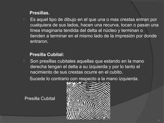 Presillas.
 Es aquel tipo de dibujo en el que una o mas crestas entran por
cualquiera de sus lados, hacen una recurva, tocan o pasan una
línea imaginaria tendida del delta al núcleo y terminan o
tienden a terminar en el mismo lado de la impresión por donde
entraron.
Presilla Cubital:
 Son presillas cubitales aquellas que estando en la mano
derecha tengan el delta a su izquierda y por lo tanto el
nacimiento de sus crestas ocurre en el cubito.
Sucede lo contrario con respecto a la mano izquierda.
Presilla Cubital
28
 