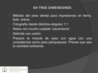 EN TRES DIMENSIONES
 Método del yeso dental para impresiones en tierra,
lodo, arena:
 Fotografíe desde distintos ángulos 1:1
 Retire con mucho cuidado “escombros”.
 Delimite con cartón
 Prepare la mezcla de yeso con agua con una
consistencia como para panqueques. Prevea que sea
la cantidad suficiente.
81
 