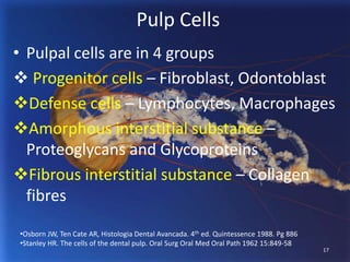 Pulp Cells
• Pulpal cells are in 4 groups
 Progenitor cells – Fibroblast, Odontoblast
Defense cells – Lymphocytes, Macrophages
Amorphous interstitial substance –
Proteoglycans and Glycoproteins
Fibrous interstitial substance – Collagen
fibres
•Osborn JW, Ten Cate AR, Histologia Dental Avancada. 4th ed. Quintessence 1988. Pg 886
•Stanley HR. The cells of the dental pulp. Oral Surg Oral Med Oral Path 1962 15:849-58
17
 