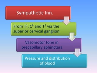 51
Sympathetic Inn.
From T1, C8 and T2 via the
superior cervical ganglion
Vasomotor tone in
precapillary sphincters
Pressure and distribution
of blood
 