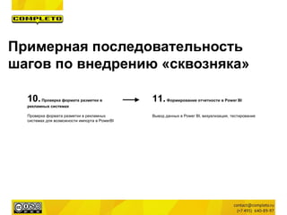 10.Проверка формата разметки в
рекламных системах
Проверка формата разметки в рекламных
системах для возможности импорта в PowerBI
11.Формирование отчетности в Power BI
Вывод данных в Power BI, визуализация, тестирование
Примерная последовательность
шагов по внедрению «сквозняка»
 