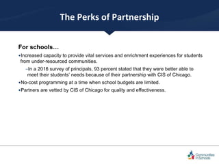 The Perks of Partnership
For community partners…
•Assistance accessing more schools and more students.
–In a 2017 survey o...