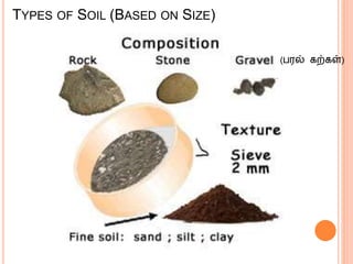 TYPES OF SOIL (BASED ON SIZE)
(ெரல் கற்கள்)
 