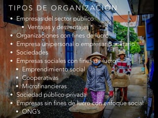 • Empresas del sector público
• Ventajas y desventajas *
• Organizaciones con fines de lucro
• Empresa unipersonal o empresario solitario
• Sociedades
• Empresas sociales con fines de lucro
• Emprendimiento social
• Cooperativas
• Microfinancieras
• Sociedad público-privada
• Empresas sin fines de lucro con enfoque social
• ONG’s
T I P O S D E O R G A N I Z A C I Ó N
 