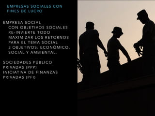 E M P R E S A S O C I A L
C O N O B J E T I V O S S O C I A L E S
R E - I N V I E R T E T O D O
M A X I M I Z A R L O S R E T O R N O S
PA R A E L T E M A S O C I A L
3 O B J E T I V O S : E C O N Ó M I C O ,
S O C I A L Y A M B I E N TA L .
S O C I E D A D E S P Ú B L I C O
P R I VA D A S ( P P P )
I N I C I AT I VA D E F I N A N Z A S
P R I VA D A S ( P F I )
E M P R E S A S S O C I A L E S C O N
F I N E S D E L U C R O
 