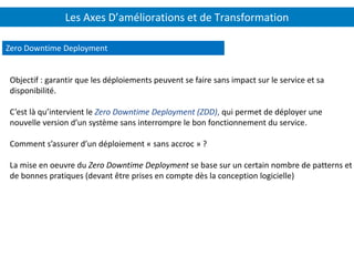 Les Axes D’améliorations et de Transformation
Objectif : garantir que les déploiements peuvent se faire sans impact sur le service et sa
disponibilité.
C’est là qu’intervient le Zero Downtime Deployment (ZDD), qui permet de déployer une
nouvelle version d’un système sans interrompre le bon fonctionnement du service.
Comment s’assurer d’un déploiement « sans accroc » ?
La mise en oeuvre du Zero Downtime Deployment se base sur un certain nombre de patterns et
de bonnes pratiques (devant être prises en compte dès la conception logicielle)
Zero Downtime Deployment
 