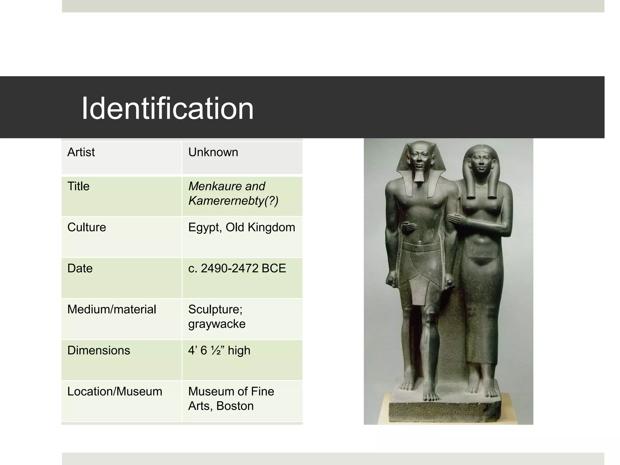 Identification
Artist Unknown
Title Menkaure and
Kamerernebty(?)
Culture Egypt, Old Kingdom
Date c. 2490-2472 BCE
Medium/material Sculpture;
graywacke
Dimensions 4’ 6 ½” high
Location/Museum Museum of Fine
Arts, Boston
 