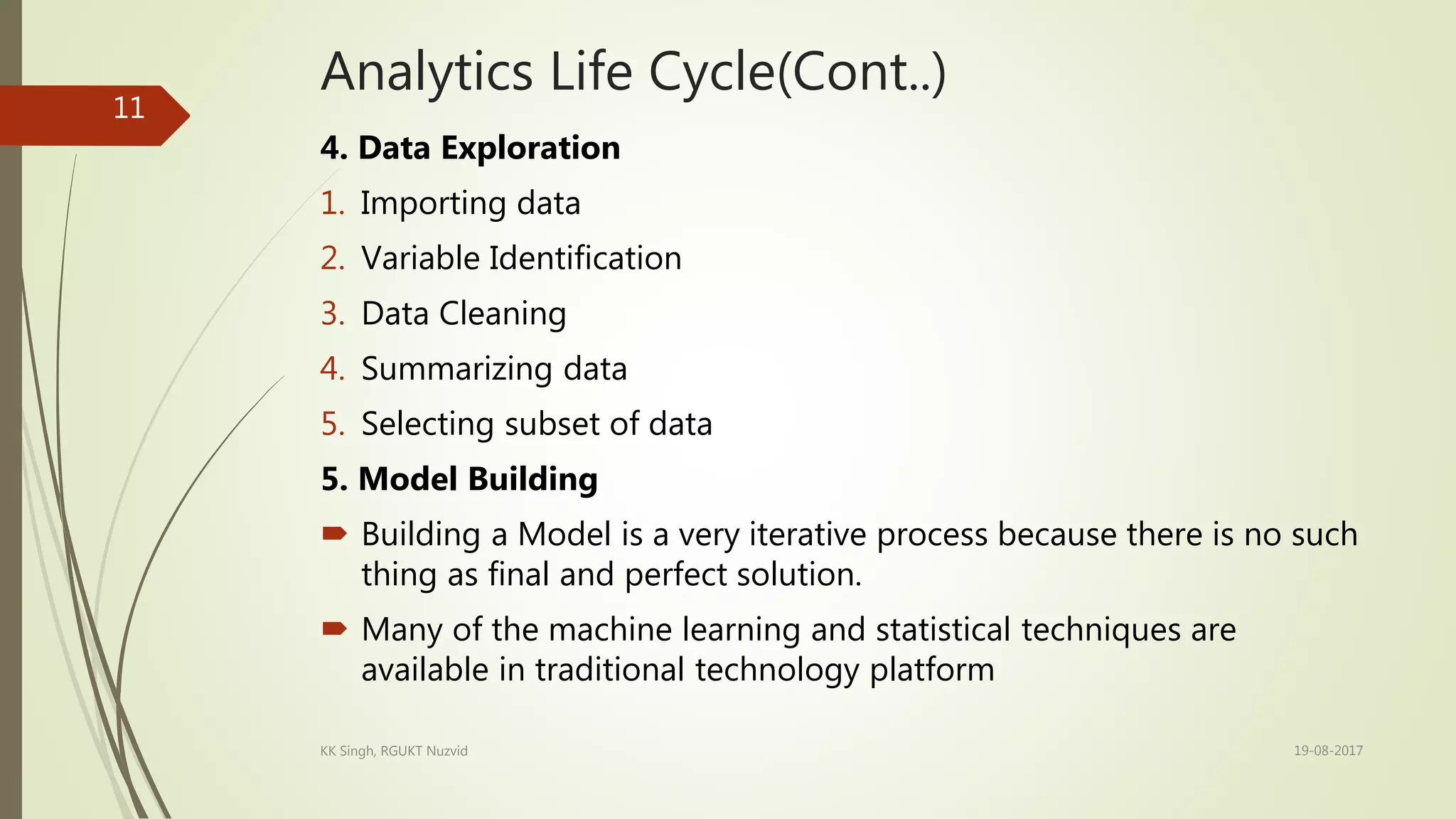 Analytics Life Cycle(Cont..)
4. Data Exploration
1. Importing data
2. Variable Identification
3. Data Cleaning
4. Summarizing data
5. Selecting subset of data
5. Model Building
 Building a Model is a very iterative process because there is no such
thing as final and perfect solution.
 Many of the machine learning and statistical techniques are
available in traditional technology platform
19-08-2017KK Singh, RGUKT Nuzvid
11
 