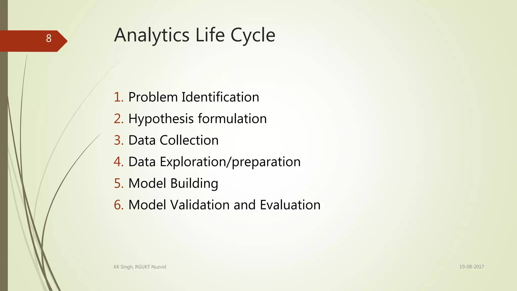 Analytics Life Cycle
1. Problem Identification
2. Hypothesis formulation
3. Data Collection
4. Data Exploration/preparation
5. Model Building
6. Model Validation and Evaluation
19-08-2017KK Singh, RGUKT Nuzvid
8
 