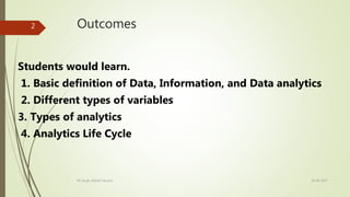 Outcomes
Students would learn.
1. Basic definition of Data, Information, and Data analytics
2. Different types of variables
3. Types of analytics
4. Analytics Life Cycle
19-08-2017KK Singh, RGUKT Nuzvid
2
 