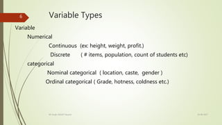 Variable Types
Variable
Numerical
Continuous (ex: height, weight, profit.)
Discrete ( # items, population, count of students etc)
categorical
Nominal categorical ( location, caste, gender )
Ordinal categorical ( Grade, hotness, coldness etc.)
19-08-2017KK Singh, RGUKT Nuzvid
6
 