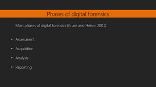 Phases of digital forensics
Main phases of digital forensics (Kruse and Heiser, 2001):
●
Assessment
●
Acquisition
●
Analysis
●
Reporting
 