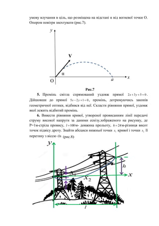 умову влучання в ціль, що розміщена на відстані α від вогневої точки О.
Опором повітря знехтувати (рис.7).
Рис.7
5. Промінь світла спрямований уздовж прямої 2 3 5 0x y   .
Дійшовши до прямої 5 2 1 0x y   , промінь, дотримуючись законів
геометричної оптики, відбився від неї. Скласти рівняння прямої, уздовж
якої лежить відбитий промінь.
6. Вивести рівняння кривої, утвореної провисанням лінії передачі
струму високої напруги за даними ескізу,зображеного на рисунку, де
Р=1м-стріла провису, 100l  м- довжина прольоту, 24h  м-різниця висот
точок підвісу дроту. Знайти абсциси нижньої точки 1x кривої і точки 2x її
перегину з віссю Ox (рис.8).
 
