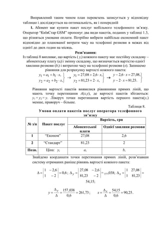 Виправлений таким чином план перевезень записується у відповідну
таблицю і досліджується на оптимальність, як і попередній
1. Абонент має купити пакет послуг мобільного телефонного зв’язку.
Оператор “КиївСтар GSM” пропонує два види пакетів, поданих у таблиці 1.3,
що різняться умовами оплати. Потрібно вибрати найбільш економний пакет
відповідно до планованої витрати часу на телефонні розмови в межах від
однієї до двох годин на місяць.
Розв’язання:
Із таблиці 8 випливає, що вартість ( yi) кожного пакету має постійну складову –
абонентську плату (ai) і змінну складову, що визначається вартістю однієї
хвилини розмови (bi) і витратою часу на телефонні розмови (x). Запишемо
рівняння для розрахунку вартості кожного пакета:





,
,
222
111
xbay
xbay






,223,81
,6,208,27
2
1
xy
xy






.23,812
,08,276,2
xy
xy
Рівняння вартості пакетів виявилися рівняннями прямих ліній, що
мають точку перетинання A(x,y), де вартості пакетів збігаються:
y1 = y2 = y. Ліворуч точки перетинання вартість першого пакета(y1)
менше, праворуч – більше.
Таблиця 8.
Умови оплати пакетів послуг оператора телефонного
зв’язку
№ з/п Пакет послуг
Вартість, грн
Абонентської
плати
Однієї хвилини розмови
1 “Економ” 27,08 2,6
2 “Стандарт” 81,23 2
Позн. Ціна: yi ai bi
Знайдемо координати точки перетинання прямих ліній, розв’язавши
систему отриманих раніше рівнянь вартості кожного пакета:
6,0
21
6,21



 ;
223,81
6,208,27


 y = 157,038; 
23,811
08,271
x
54,15;
73,261
6,0
038,157




y
y ; 25,90
6,0
15,54



 xx .
 