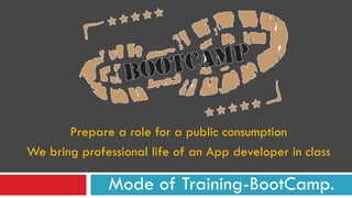 Prepare a role for a public consumption
We bring professional life of an App developer in class
Mode of Training-BootCamp.
 
