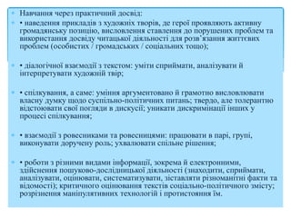  Навчання через практичний досвід:
 • наведення прикладів з художніх творів, де герої проявляють активну
громадянську позицію, висловлення ставлення до порушених проблем та
використання досвіду читацької діяльності для розв’язання життєвих
проблем (особистих / громадських / соціальних тощо);
 • діалогічної взаємодії з текстом: уміти сприймати, аналізувати й
інтерпретувати художній твір;
 • спілкування, а саме: уміння аргументовано й грамотно висловлювати
власну думку щодо суспільно-політичних питань; твердо, але толерантно
відстоювати свої погляди в дискусії; уникати дискримінації інших у
процесі спілкування;
 • взаємодії з ровесниками та ровесницями: працювати в парі, групі,
виконувати доручену роль; ухвалювати спільне рішення;
 • роботи з різними видами інформації, зокрема й електронними,
здійснення пошуково-дослідницької діяльності (знаходити, сприймати,
аналізувати, оцінювати, систематизувати, зіставляти різноманітні факти та
відомості); критичного оцінювання текстів соціально-політичного змісту;
розрізнення маніпулятивних технологій і протистояння їм.
 
