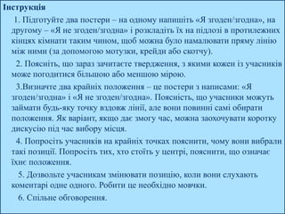 Інструкція
1. Підготуйте два постери – на одному напишіть «Я згоден/згодна», на
другому – «Я не згоден/згодна» і розкладіть їх на підлозі в протилежних
кінцях кімнати таким чином, щоб можна було намалювати пряму лінію
між ними (за допомогою мотузки, крейди або скотчу).
2. Поясніть, що зараз зачитаєте твердження, з якими кожен із учасників
може погодитися більшою або меншою мірою.
3.Визначте два крайніх положення – це постери з написами: «Я
згоден/згодна» і «Я не згоден/згодна». Поясність, що учасники можуть
займати будь-яку точку вздовж лінії, але вони повинні самі обирати
положення. Як варіант, якщо дає змогу час, можна заохочувати коротку
дискусію під час вибору місця.
4. Попросіть учасників на крайніх точках пояснити, чому вони вибрали
такі позиції. Попросіть тих, хто стоїть у центрі, пояснити, що означає
їхнє положення.
5. Дозвольте учасникам змінювати позицію, коли вони слухають
коментарі одне одного. Робити це необхідно мовчки.
6. Спільне обговорення.
 