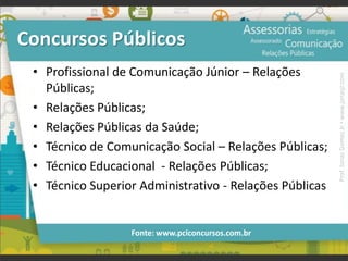Concursos Públicos
• Profissional de Comunicação Júnior – Relações
Públicas;
• Relações Públicas;
• Relações Públicas da Saúde;
• Técnico de Comunicação Social – Relações Públicas;
• Técnico Educacional - Relações Públicas;
• Técnico Superior Administrativo - Relações Públicas
Fonte: www.pciconcursos.com.br
Prof.JonasGomesJr▪www.jonasjr.com
 