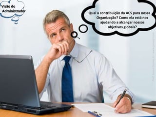 Visão do
Administrador
Qual a contribuição da ACS para nossa
Organização? Como ela está nos
ajudando a alcançar nossos
objetivos globais?
Prof.JonasGomesJr▪www.jonasjr.com
 