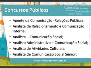 Concursos Públicos
• Agente de Comunicação- Relações Públicas;
• Analista de Relacionamento e Comunicação
Interna;
• Analista – Comunicação Social;
• Analista Administrativo – Comunicação Social;
• Analista de Atividades Culturais;
• Analista de Comunicação Social Sênior;
Fonte: www.pciconcursos.com.br
Prof.JonasGomesJr▪www.jonasjr.com
 