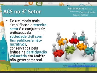 ACS no 3º Setor
• De um modo mais
simplificado o terceiro
setor é o conjunto de
entidades da
sociedade civil com
fins públicos e não-
lucrativos,
conservados pela
ênfase na participação
voluntária em âmbito
não-governamental.
Fig. Bonecos 3D
Fonte: www.hiperdownloads3d.blogspot.com.br
Prof.JonasGomesJr▪www.jonasjr.com
 