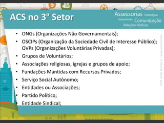 • ONGs (Organizações Não Governamentais);
• OSCIPs (Organização da Sociedade Civil de Interesse Público);
OVPs (Organizações Voluntárias Privadas);
• Grupos de Voluntários;
• Associações religiosas, igrejas e grupos de apoio;
• Fundações Mantidas com Recursos Privados;
• Serviço Social Autônomo;
• Entidades ou Associações;
• Partido Político;
• Entidade Sindical;
ACS no 3º Setor
Prof.JonasGomesJr▪www.jonasjr.com
 