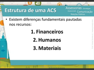 Estrutura de uma ACS
• Existem diferenças fundamentais pautadas
nos recursos:
1.Financeiros
2.Humanos
3.Materiais
93UFAM | FIC | RP
Prof.JonasGomesJr▪www.jonasjr.com
 