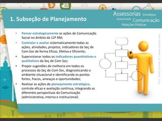 1. Subseção de Planejamento
• Pensar estrategicamente as ações de Comunicação
Social no âmbito da 12ª RM;
• Controlar e avaliar sistematicamente todas as
ações, atividades, projetos, indicadores da Seç de
Com Soc de forma Eficaz, Efetiva e Eficiente;
• Supervisionar todos os indicadores quantitativos e
qualitativos da Seç de Com Soc;
• Propor sugestões de melhoria em todos os
processos da Seç de Com Soc, diagnosticando o
ambiente situacional e identificando os pontos
fortes, fracos, ameaças e oportunidades;
• Realizar as ações de planejamento estratégico,
controle eficaz e avaliação contínua, integrando as
diferentes perspectivas da Comunicação
(administrativa, interna e institucional).
98UFAM | FIC | RP
Prof.JonasGomesJr▪www.jonasjr.com
 
