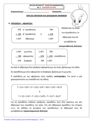 ΦΥΛΛΟ ΕΡΓΑΣΙΑΣ ΣΤ΄ ΤΑΞΗΣ ΣΤΑ ΜΑΘΗΜΑΤΙΚΑ
Νο: 1 ΚΑΛΟΓΕΡΑ ΕΥΤΥΧΙΑ
Ονοματεπώνυμο: Ημερομηνία:
ΠΡΑΞΕΙΣ ΦΥΣΙΚΩΝ ΚΑΙ ΔΕΚΑΔΙΚΩΝ ΑΡΙΘΜΩΝ
 ΠΡΟΣΘΕΣΗ – ΑΦΑΙΡΕΣΗ:
Αλλάζοντας τη σειρά
των προσθετέων, το
άθροισμά τους δε
μεταβάλλεται.
(αντιμεταθετική ιδιότητα)
Αν από το άθροισμα δύο αριθμών αφαιρέσουμε τον έναν, βρίσκουμε τον άλλο.
Αν προσθέσουμε στον αφαιρετέο τη διαφορά, βρίσκουμε το μειωτέο.
Η πρόσθεση με την αφαίρεση είναι πράξεις αντίστροφες. Για αυτό η μία
χρησιμοποιείται ως επαλήθευση της άλλης.
Για να προσθέσω πολλούς αριθμούς, προσθέτω τους δύο πρώτους και στο
άθροισμά τους προσθέτω τον τρίτο. Στο νέο άθροισμα προσθέτω τον τέταρτο
κ.ο.κ. Αν αλλάξω τα ζευγάρια των προσθετέων, το άθροισμά τους δε
μεταβάλλεται (προσεταιριστική ιδιότητα).
678 α΄ προσθετέος 789
+ 789 β΄ προσθετέος ή + 678
1.467 άθροισμα 1.467
1.467 μειωτέος 1.467 789
- 789 αφαιρετέος - 678 + 678 επαλήθευση
678 διαφορά 789 1.467
7 + 3,5 + 5,67 = (7 + 3,5) + 5,67 = 10,5 + 5,67 = 16,17
ή
7 + 3,5 + 5,67 = 7 + (3,5 + 5,67) = 7 + 9,17 = 16,17
Επιμέλεια: Χρήστος Χαρμπής http://st-taksh.blogspot.gr σελ.16
 