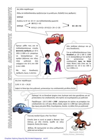 3. Υπολογίζω τις τιμές των αριθμητικών παραστάσεων:
Α = (α + β : γ) x (δ – ε) και Β = (α + β) : (γ – δ) – ε
όταν α= 462, β= 75, γ= 1,5, δ = 1,4, και ε = 1,1
Άρα Α = ………… Άρα Β = …………
4. Λύνω τα παρακάτω προβλήματα με αριθμητική παράσταση:
 Ένας μελισσοκόμος έχει να πουλήσει 60 κουτιά μέλι. Το μεικτό βάρος όλων
των κουτιών είναι 112,2 κιλά και το απόβαρό τους 7,2. Πόσο μέλι περιέχει το
κάθε κουτί;
Λύση: (112,2 – 7,2) : 60 = 105 : 60 = 1,75 κιλά μέλι περιέχει το κάθε κουτί.
 Ο παππούς του Αντρέα έχει 4 βαρέλια κρασί. Το μεικτό βάρος τους καθενός
είναι 200 κιλά και το απόβαρο 25,5 κιλά. Πόσα κιλά κρασί έχει συνολικά;
Λύση:
 Ο Αντρέας με ένα χαρτονόμισμα των 20 € αγόρασε 4 τετράδια προς 2,5€ το
ένα και με τα υπόλοιπα 8 μαρκαδόρους. Πόσο κόστισε ο κάθε μαρκαδόρος;
Λύση:
(α + β : γ) x (δ – ε) =
(462 + 75 : 1,5) x (1,4 – 1,1) =
(α + β) : (γ – δ) – ε =
Κοντούλη Γιώτα
Επιμέλεια: Χρήστος Χαρμπής http://st-taksh.blogspot.gr σελ.41
 