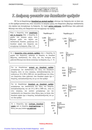 ΟΝΟΜΑΤΕΠΩΝΥΜΟ:______________________________________________ ΤΑΞΗ ΣΤ
 Για να διαιρέσουμε δεκαδικό με φυσικό αριθμό, κάνουμε την διαίρεση σαν να ήταν και
οι δύο αριθμοί φυσικοί και, όταν τελειώσει το ακέραιο μέρος του διαιρετέου, βάζουμε υποδιαστολή
στο πηλίκο και συνεχίζουμε τη διαίρεση. Αν τυχόν μείνει υπόλοιπο, προσθέτουμε όσα μηδενικά
θέλουμε στο τέλος του διαιρετέου και συνεχίζουμε την πράξη.
5,400 8
60 0,675
40
0
1,350 25
100 0,054
00
2,0 0 8
40 0,25
0
351 19,5
3510 195
1560 18
000
295,75 3,5
2957,5 35
157 84,5
175
00
397,5 0,05
39750 5
47 7950
25
00
Όταν ο διαιρετέος είναι μικρότερος
από το διαιρέτη (δηλ. ο διαιρέτης δε
χωράει στο ακέραιο μέρος του),
βάζουμε μηδέν στο πηλίκο και
υποδιαστολή. Κατόπιν, χωρίζουμε ένα
δεκαδικό ψηφίο στο διαιρετέο και
συνεχίζουμε τη διαίρεση. (Παρ. 1,2)
Παράδειγμα 1 Παράδειγμα 2
Αν ο διαιρετέος είναι φυσικός αριθμός (και ο διαιρέτης δε
χωράει στο διαιρετέο), τρέπουμε το διαιρέτη σε δεκαδικό
(βάζοντας υποδιαστολή στο τέλος και στη συνέχεια όσα
μηδενικά θέλουμε) και έπειτα εκτελούμε τη διαίρεση. (π.χ 2 : 5)
Για να διαιρέσουμε φυσικό με δεκαδικό αριθμό,
μεταφέρουμε την υποδιαστολή στο τέλος του δεκαδικού
διαιρέτη, ώστε να γίνει ακέραιος, πολλαπλασιάζοντάς τον
ανάλογα με 10 ή 100 ή 1000 κτλ. και προσθέτουμε στο τέλος
του διαιρετέου τόσα μηδενικά, όσα δεκαδικά ψηφία έχει ο
διαιρέτης, πολλαπλασιάζοντάς τον με τον ίδιο αριθμό.
Για να διαιρέσουμε δεκαδικό με δεκαδικό αριθμό,
μεταφέρουμε την υποδιαστολή στο τέλος του διαιρέτη,
πολλαπλασιάζοντάς τον επί 10 ή 100 ή 1000 κτλ., ώστε να
γίνει ακέραιος, και κατόπιν μεταφέρουμε και την
υποδιαστολή του διαιρετέου τόσες θέσεις προς τα δεξιά, όσα
δεκαδικά ψηφία έχει ο διαιρέτης, πολλαπλασιάζοντάς τον με
τον ίδιο αριθμό.
Αν ο διαιρετέος έχει λιγότερα δεκαδικά
ψηφία από το διαιρέτη, συμπληρώνουμε τις
θέσεις που μας λείπουν με μηδενικά.
Παλάνης Αθανάσιος
Επιμέλεια: Χρήστος Χαρμπής http://st-taksh.blogspot.gr σελ.6
 