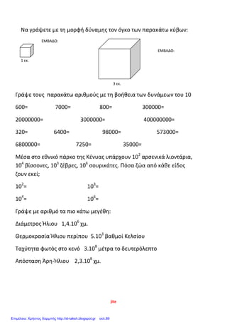 Τα κλασματα
1. Το κλάσμα εκφράζει το ακριβές πηλίκο μιας διαίρεσης: της διαίρεσης του αριθμητή
με τον παρονομαστή του κλάσματος
6 = 6 : 7
7
2. Οι δεκαδικοί αριθμοί γράφονται και ως δεκαδικά κλάσματα
0,5= 5 0,23= 23
10 100
3. Αφού κάθε κλάσμα είναι μία διαίρεση, μετατρέπω ένα κλάσμα σε δεκαδικό
αριθμό αν διαιρέσω τον αριθμητή με τον παρονομαστή .
4. Δύο ή περισσότερα κλάσματα λέγονται ισοδύναμα ή ίσα όταν έχουν την ίδια αξία
αλλά διαφορετικούς όρους .
5. Για να φτιάξω ισοδύναμα κλάσματα με ένα αρχικό κλάσμα , πολλαπλασιάζω ή
διαιρώ αριθμητή και παρονομαστή με τον ΙΔΙΟ αριθμό.
6. Για να απλοποιήσω ένα κλάσμα ΔΙΑΙΡΩ τον αριθμητή και τον παρονομαστή του με
τον ΙΔΙΟ αριθμό
7. Ανάγωγο λέμε το κλάσμα που δεν απλοποιείται άλλο. πχ
8. Ένας τρόπος για να βρω ποιος αριθμός διαιρεί τον αριθμητή και τον παρανομαστή
ενός κλάσματος, δηλαδή για να το απλοποιήσω, είναι να βρω το ΜΚΔ τους.
9. Ένα κλάμα είναι γνήσιο, είναι δηλαδή μικρότερο από το 1 όταν ο αριθμητής του
είναι μικρότερος από τον παρονομαστή του . πχ
10.Ένα κλάσμα είναι ίσο με το 1 όταν ο αριθμητής είναι ίσος με τον παρονομαστή
του.
10. Ένα κλάσμα είναι καταχρηστικό, δηλαδή μεγαλύτερο από το 1, όταν ο
αριθμητής του είναι μεγαλύτερος από τον παρονομαστή του. ΠΧ
11. Μεικτός λέγεται ο αριθμός που έχει και ακέραιο μέρος και κλασματικό
-Μετατρέπω μεικτό σε κλάσμα: πολλαπλασιάζω τον παρονομαστή με τον ακέραιο
και προσθέτω τον αριθμητή . Αυτόν τον αριθμό τον βάζω αριθμητή του νέου
κλάσματος. Παρονομαστή αφήνω τον ίδιο .
-Μετατρέπω καταχρηστικό κλάσμα σε μεικτό : Διαιρώ τον αριθμητή με τον
παρονομαστή. Το πηλίκο τηε διαίρεσης είναι το ακαίρεο μέρος του μεικτού,
αριθμητής του κλάσματος το υπόλοιπο και παρονομαστής ο ίδιος (δηλ. ο διαιρέτης )
11 = 11 :4 = 2 3
4 4
12. Ομώνυμα λέγονται τα κλάσματα που έχουν τον ίδιο παρονομαστή .
Δασκάλα ΒΜ
Επιμέλεια: Χρήστος Χαρμπής http://st-taksh.blogspot.gr σελ.89
 
