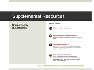 Khan Academy
(Smarthistory)
Supplemental Resources
https://www.khanacademy.org/humanities/art-history/global-culture
 