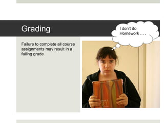 Failure to complete all course
assignments may result in a
failing grade
Grading I don’t do
Homework . . .
 