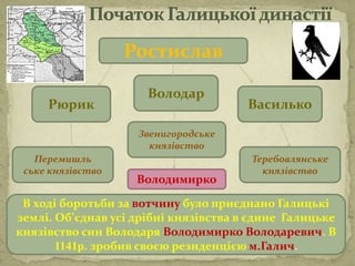 Ростислав
Рюрик
Володар
Василько
Перемишль
ське князівство
Звенигородське
князівство
Теребовлянське
князівство
В ході боротьби за вотчину було приєднано Галицькі
землі. Об’єднав усі дрібні князівства в єдине Галицьке
князівство син Володаря Володимирко Володаревич. В
1141р. зробив своєю резиденцією м.Галич.
Володимирко
 