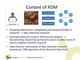 Context of RDM
• Growing importance, complexity and amount of data in
research -> data intensive research
• Reproducibilit...