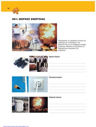 20
ΦΕ1: ΜΟΡΦΕΣ ΕΝΕΡΓΕΙΑΣ
Παρατήρησε τις παρακάτω εικόνες και
συζήτησε με τη δασκάλα ή τον
δάσκαλό σου για τις διάφορες μορφές
ενέργειας. Μπορείς να εξηγήσεις τις
διαφορετικές ονομασίες της
ενέργειας;
Χημική ενέργεια
________________________________________________________________________________________________
________________________________________________________________________________________________
________________________________________________________________________________________________
________________________________________________________________________________________________
Ηλεκτρική ενέργεια
________________________________________________________________________________________________
________________________________________________________________________________________________
________________________________________________________________________________________________
________________________________________________________________________________________________
Πυρηνική ενέργεια
________________________________________________________________________________________________
________________________________________________________________________________________________
________________________________________________________________________________________________
________________________________________________________________________________________________
FYSIKA ST DIMOT ERGASION.indb 20 27/12/2012 11:48:30 πμ
Επιμέλεια: Χρήστος Χαρμπής http://st-taksh.blogspot.gr σελ.4
 