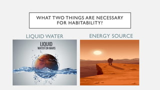 LIQUID WATER ENERGY SOURCE
WHAT TWO THINGS ARE NECESSARY
FOR HABITABILITY?
 