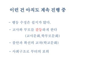 - 행동 수정은 쉽지가 않다.
- 교사와 부모를 갈등하게 한다
(교사문화,학부모문화)
이런 건 아직도 계속 진행 중
- 불안과 확신의 교차(학교문화)
- 사회구조로 부터의 포위
 