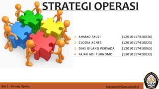 STRATEGI OPERASI
1. AHMAD FAUZI (12010117410036)
2. CLODIA ACNES (12010117410025)
3. DIAS GILANG PERSADA (12010117410065)
4. FAJAR ADI PURNOMO (12010117410032)
Manajemen Operasional IIIBab 1 – Strategi Operasi
 