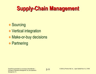 PowerPoint presentation to accompany Heizer/Render –
Principles of Operations Management, 5e, and Operations
Management, 7e
© 2004 by Prentice Hall, Inc., Upper Saddle River, N.J. 07458
2-11
Supply-Chain ManagementSupply-Chain Management
♦Sourcing
♦Vertical integration
♦Make-or-buy decisions
♦Partnering
 