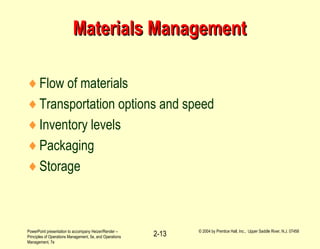 PowerPoint presentation to accompany Heizer/Render –
Principles of Operations Management, 5e, and Operations
Management, 7e
© 2004 by Prentice Hall, Inc., Upper Saddle River, N.J. 07458
2-13
Materials ManagementMaterials Management
♦Flow of materials
♦Transportation options and speed
♦Inventory levels
♦Packaging
♦Storage
 