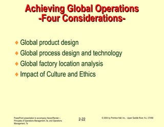 PowerPoint presentation to accompany Heizer/Render –
Principles of Operations Management, 5e, and Operations
Management, 7e
© 2004 by Prentice Hall, Inc., Upper Saddle River, N.J. 07458
2-22
Achieving Global OperationsAchieving Global Operations
-Four Considerations--Four Considerations-
♦Global product design
♦Global process design and technology
♦Global factory location analysis
♦Impact of Culture and Ethics
 