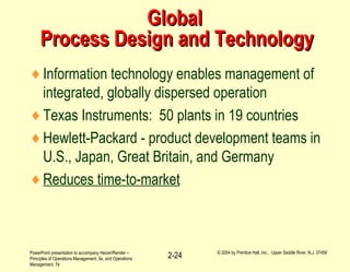 PowerPoint presentation to accompany Heizer/Render –
Principles of Operations Management, 5e, and Operations
Management, 7e
© 2004 by Prentice Hall, Inc., Upper Saddle River, N.J. 07458
2-24
GlobalGlobal
Process Design and TechnologyProcess Design and Technology
♦Information technology enables management of
integrated, globally dispersed operation
♦Texas Instruments: 50 plants in 19 countries
♦Hewlett-Packard - product development teams in
U.S., Japan, Great Britain, and Germany
♦Reduces time-to-market
 
