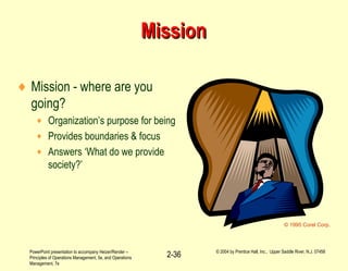 PowerPoint presentation to accompany Heizer/Render –
Principles of Operations Management, 5e, and Operations
Management, 7e
© 2004 by Prentice Hall, Inc., Upper Saddle River, N.J. 07458
2-36
MissionMission
♦ Mission - where are you
going?
♦ Organization’s purpose for being
♦ Provides boundaries & focus
♦ Answers ‘What do we provide
society?’
© 1995 Corel Corp.
 