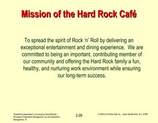 PowerPoint presentation to accompany Heizer/Render –
Principles of Operations Management, 5e, and Operations
Management, 7e
© 2004 by Prentice Hall, Inc., Upper Saddle River, N.J. 07458
2-39
Mission of the Hard Rock CaféMission of the Hard Rock Café
To spread the spirit of Rock ‘n’ Roll by delivering an
exceptional entertainment and dining experience. We are
committed to being an important, contributing member of
our community and offering the Hard Rock family a fun,
healthy, and nurturing work environment while ensuring
our long-term success.
 