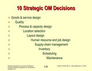 PowerPoint presentation to accompany Heizer/Render –
Principles of Operations Management, 5e, and Operations
Management, 7e
© 2004 by Prentice Hall, Inc., Upper Saddle River, N.J. 07458
2-50
10 Strategic OM Decisions10 Strategic OM Decisions
♦ Goods & service design
♦ Quality
♦ Process & capacity design
♦ Location selection
♦ Layout design
♦ Human resource and job design
♦ Supply-chain management
♦ Inventory
♦ Scheduling
♦ Maintenance
 