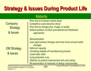 PowerPoint presentation to accompany Heizer/Render –
Principles of Operations Management, 5e, and Operations
Management, 7e
© 2004 by Prentice Hall, Inc., Upper Saddle River, N.J. 07458
2-68
Strategy & Issues During Product LifeStrategy & Issues During Product Life
Poor time to increase market share
Competitive costs become critical
Poor time to change price, image, or quality
Defend position via fresh promotional and distribution
approaches
Standardization
Less rapid product changes and more minor annual model
changes
Optimum capacity
Increasing stability of manufacturing process
Lower labor skills
Long production runs
Attention to product improvement and cost cutting
Re-examination of necessity of design compromises
Company
Strategy
& Issues
OM Strategy
& Issues
Maturity
 